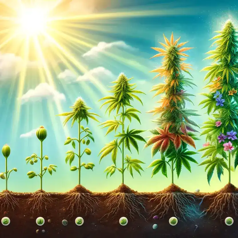 Cannabis plant growth stages from seedling to flowering illustrated