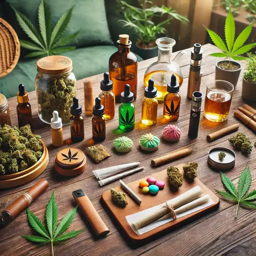 Beginner's guide to cannabis use with cannabis leaves and accessories.