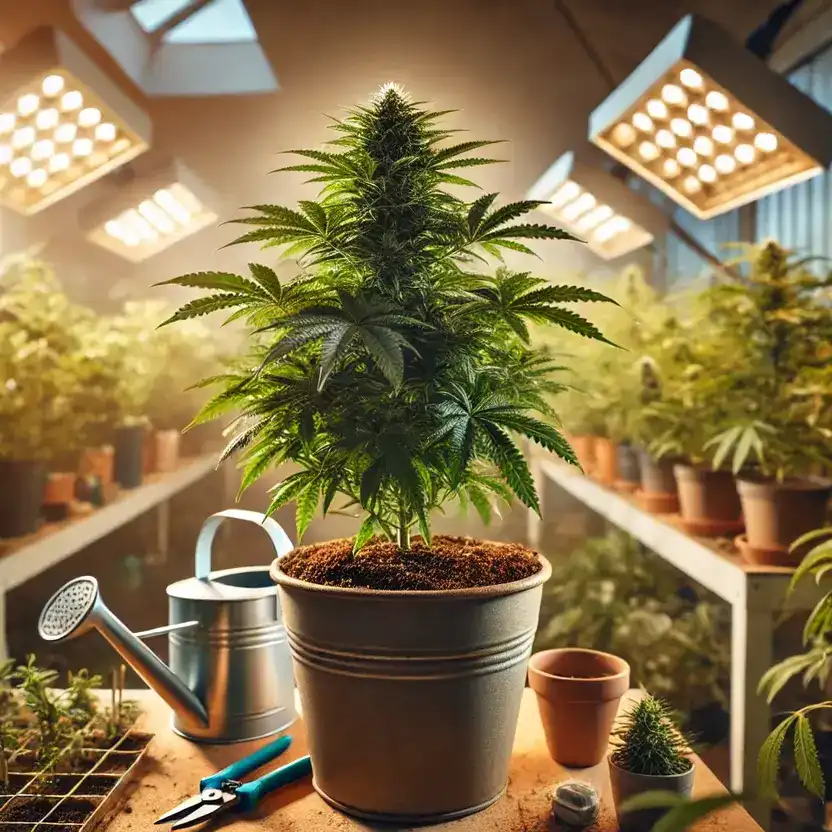 Cannabis growing tips for beginners with healthy plants and gardening tools.