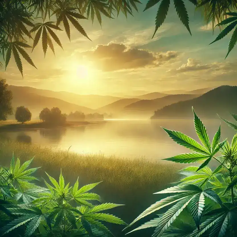 Cannabis plant leaves with a calming background representing relief from anxiety and depression.