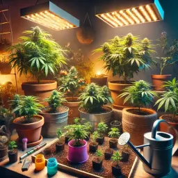Indoor cannabis growing setup for beginners with healthy plants and grow lights.