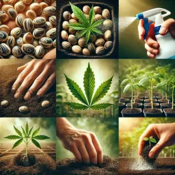 Germinating cannabis seeds process with healthy seedlings and soil.