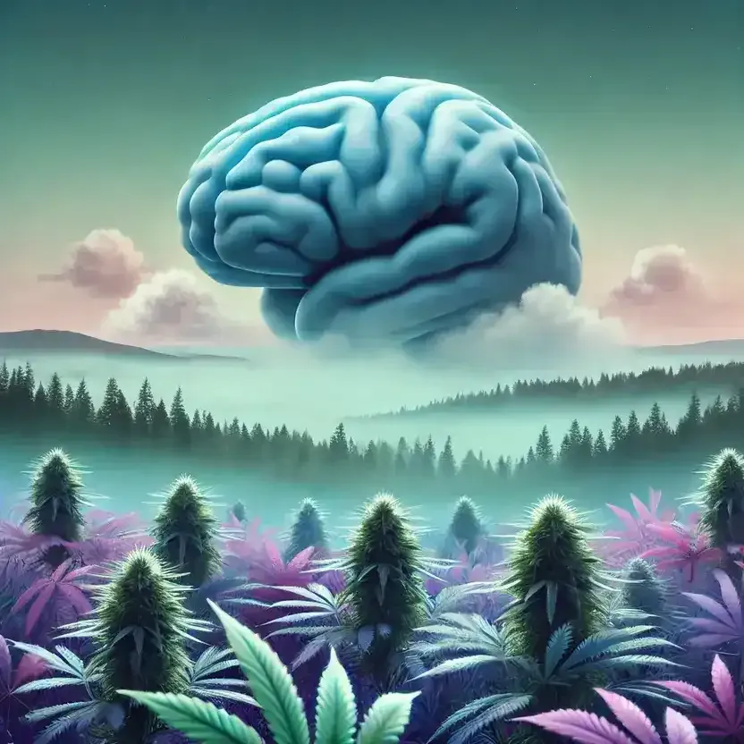 Cannabis and mental health benefits illustrated with a calming green background and medical symbols.
