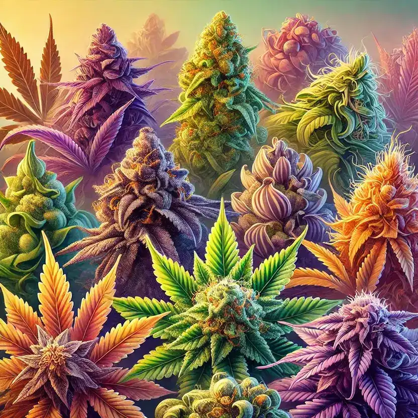 Cannabis strain effects overview with vibrant cannabis plants and lab analysis.